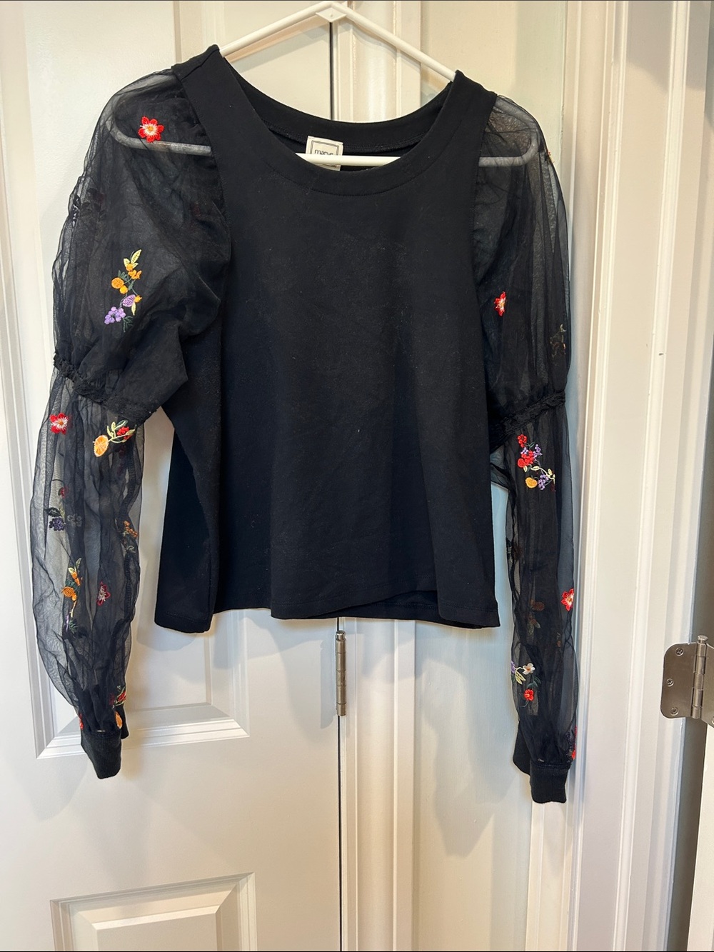 Maeve Black top with Sheer Embroidered Puff Sleeves